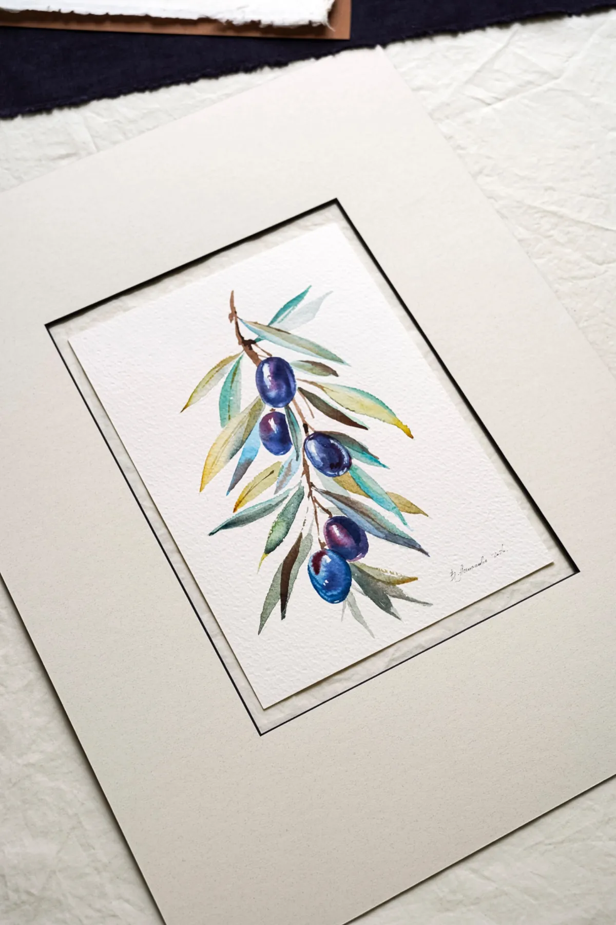 Gerahmtes Oliven-Aquarell von Viviene Astakhova für NUAMÃO Studio