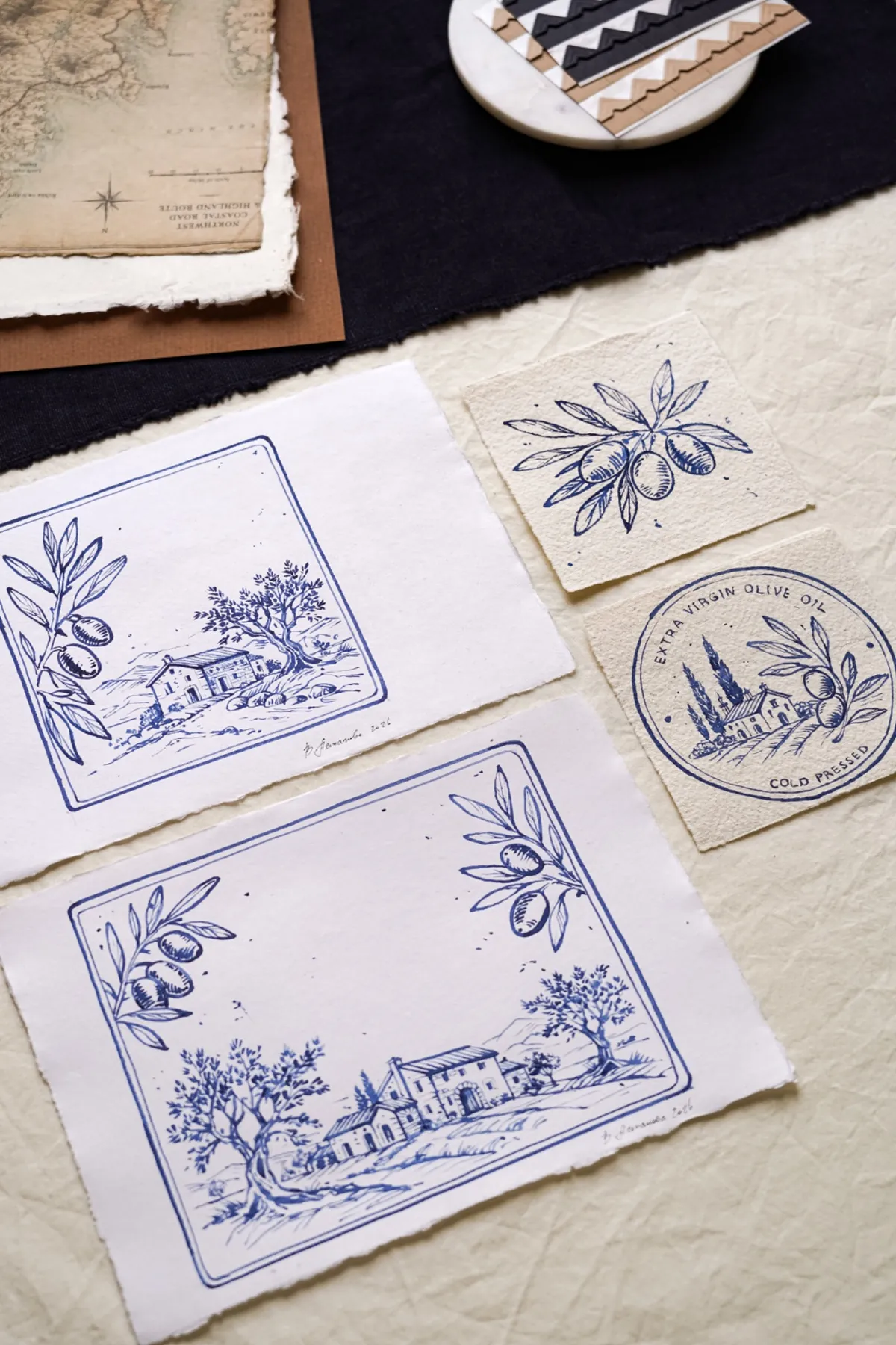 Illustrative Entwürfe rund um Olivenöl, Handwerk und Gestaltung im NUAMÃO Studio